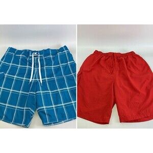 Lot of 2 Swim Trunks OP Ocean Pacific Blue Plaid Dolfin Red Drawstring‎ Mens XXL